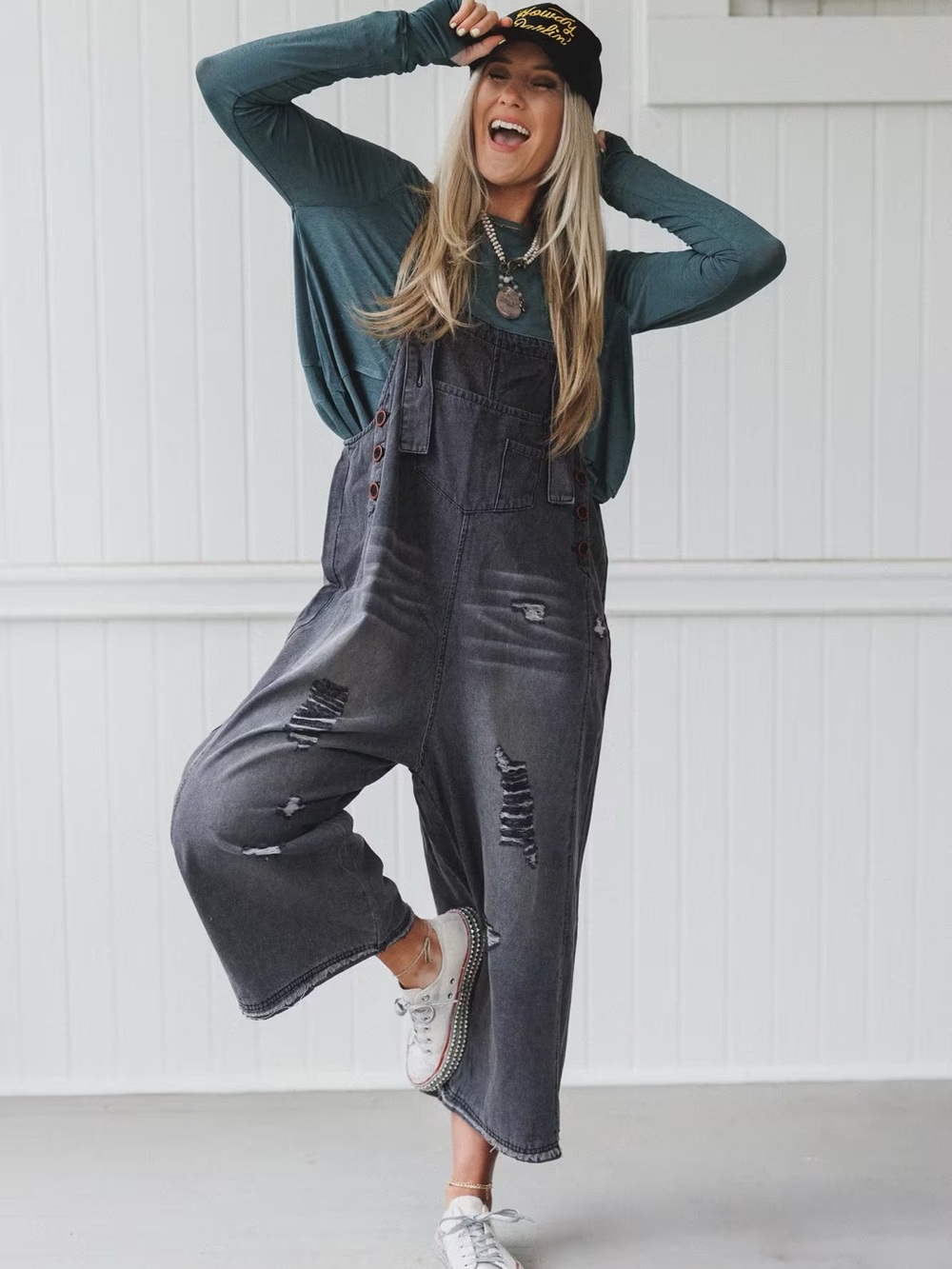 Easel Los Angeles Distressed Black Denim Overalls